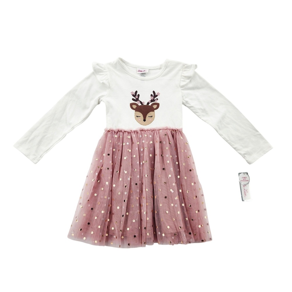 Little Lass Girls Reindeer Tutu Dress Pink Gold Polka Dot Tulle Bow Set Size 5